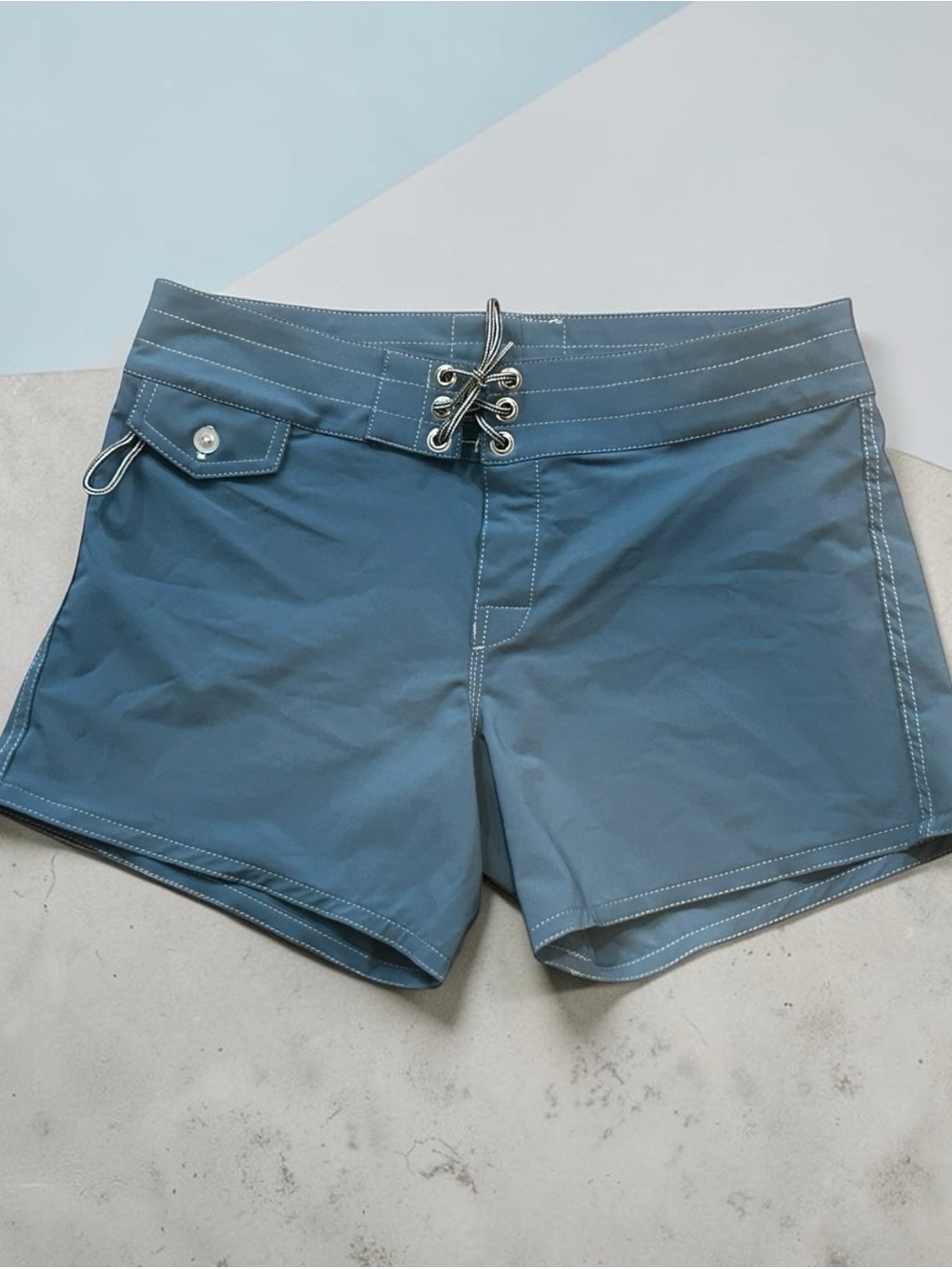 Birdwell Britches Slate Blue Swim Trunks with White Stitching